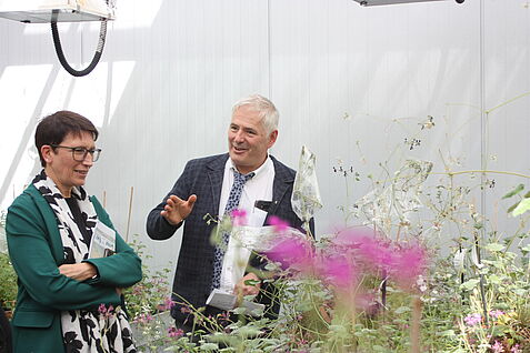 (© Leefken/JKI) Auch ein kurzer Zwischenstopp in der Pelargonien-Sammlung der Deutschen Genbank Zierpflanze durfte nicht fehlen. Dr. Frank Marthe nimmt Frau Bender zu seiner favorisierten Pelargonien-Art mit.